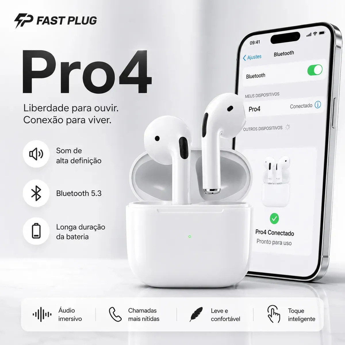 Fone De Ouvido Bluetooth Bateria de Longa Duração Pro 4 Branco - Imagem 2 de 6
