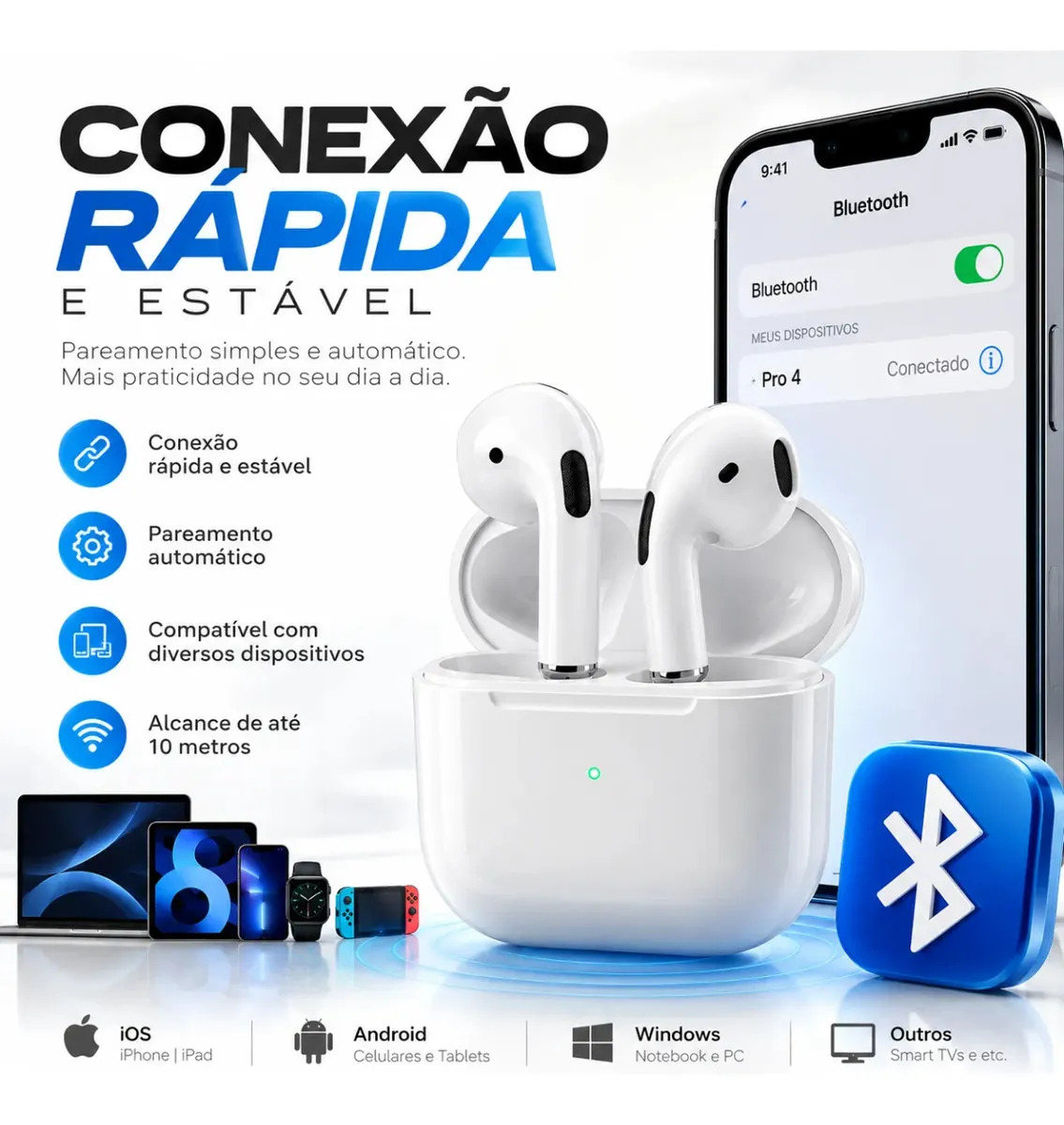 Fone De Ouvido Bluetooth Bateria de Longa Duração Pro 4 Branco - Imagem 5 de 6