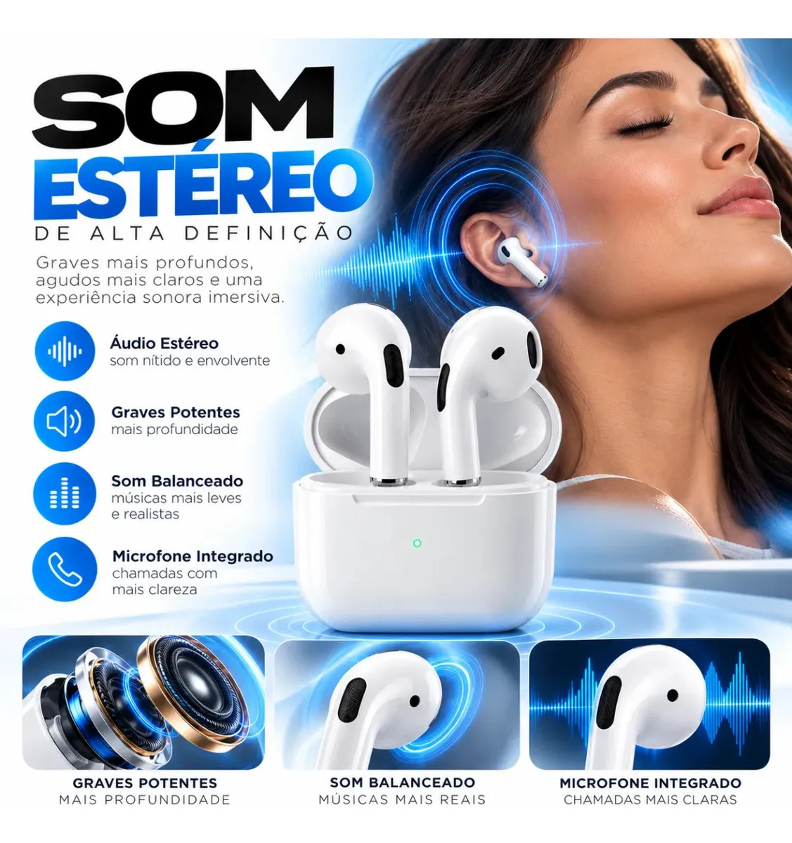 Fone De Ouvido Bluetooth Bateria de Longa Duração Pro 4 Branco - Imagem 6 de 6